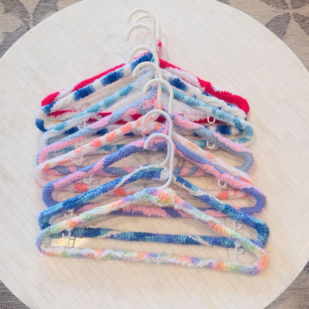 Vintage Crocheted Plastic Hanger Lot 8 Colorful Boho Cottage Granny Core Rainbow